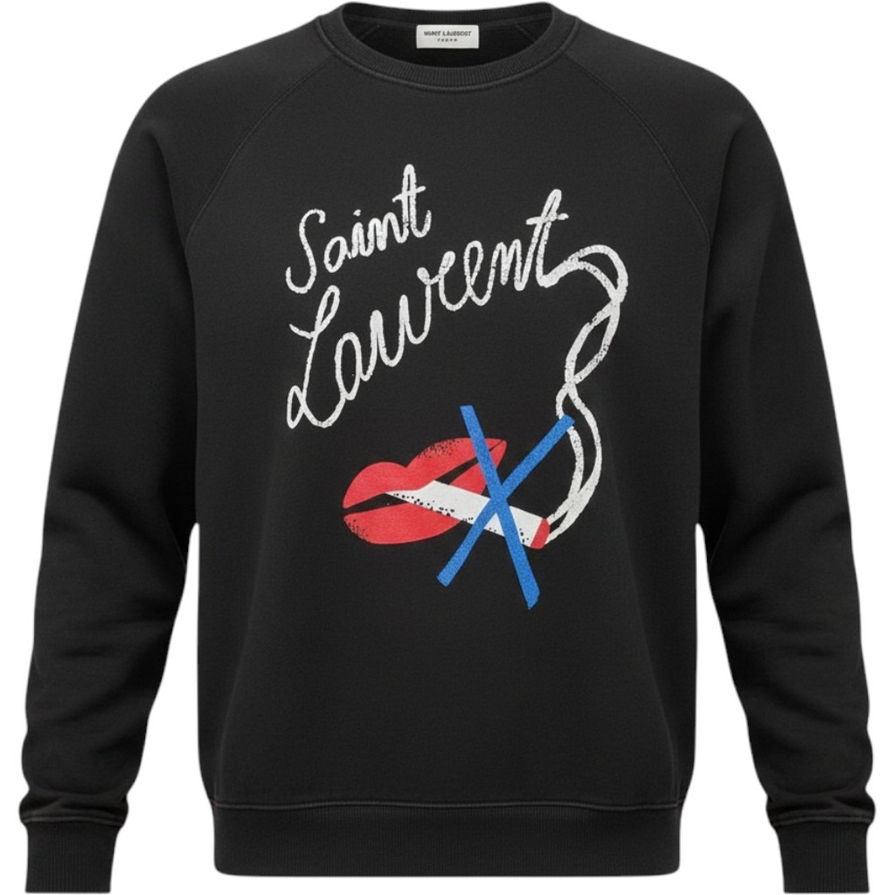 Saint Laurent Sweatshirt Mens XXL Black Lips Smoking Graphic Rock n Roll Luxury